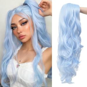 Long Light Blue Wavy Wig for Women Middle Part Natural Looking Synthetic Fiber Wig for Cosplay Party Halloween Use