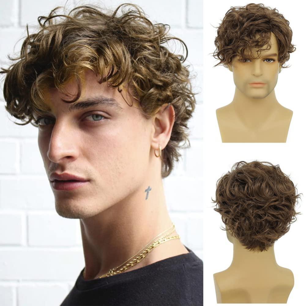 image:imageMens Curly Blonde Wig Short Layered Fluffy Synthetic Looking Side Part Hair Halloween Party Cosplay Costume Full WigsBlondeBrown