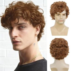 Mens Curly Blonde Wig Short Layered Fluffy Synthetic Looking Side Part Hair Halloween Party Cosplay Costume Full Wigs(Blonde)(Blonde)