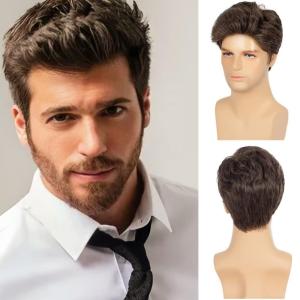 Mens Curly Blonde Wig Short Layered Fluffy Synthetic Looking Side Part Hair Halloween Party Cosplay Costume Full Wigs(Blonde)(Short Brown)