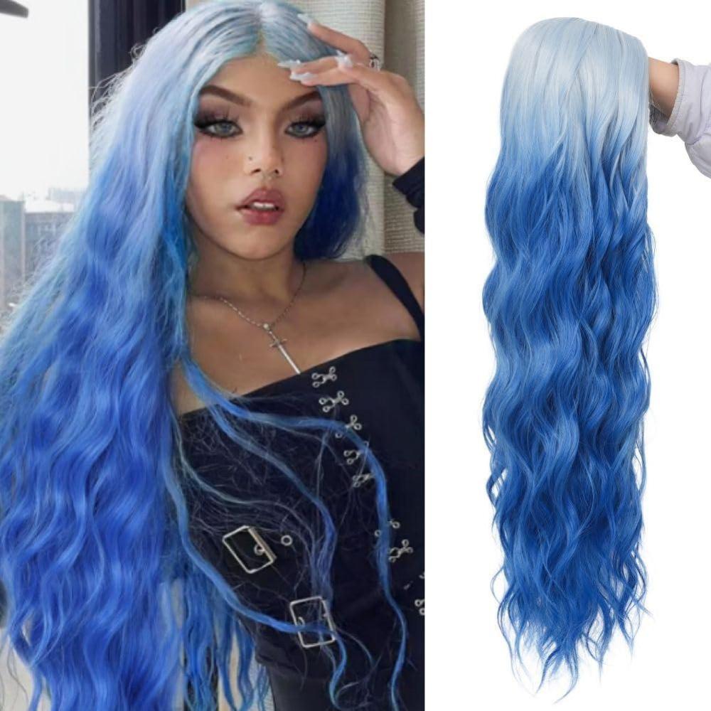 image:imageHalf Black Half White Wigs for Women Long Curly Wave Ombre Synthetic Hair Natural Soft Wigs for Party Cosplay Halloween UseBlack and WhiteBlue