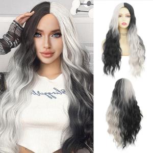 Half Black Half White Wigs for Women Long Curly Wave Ombre Synthetic Hair Natural Soft Wigs for Party Cosplay Halloween Use(Black and White)(Black White)