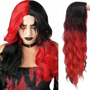 Half Black Half White Wigs for Women Long Curly Wave Ombre Synthetic Hair Natural Soft Wigs for Party Cosplay Halloween Use(Black and White)(Black and Red)