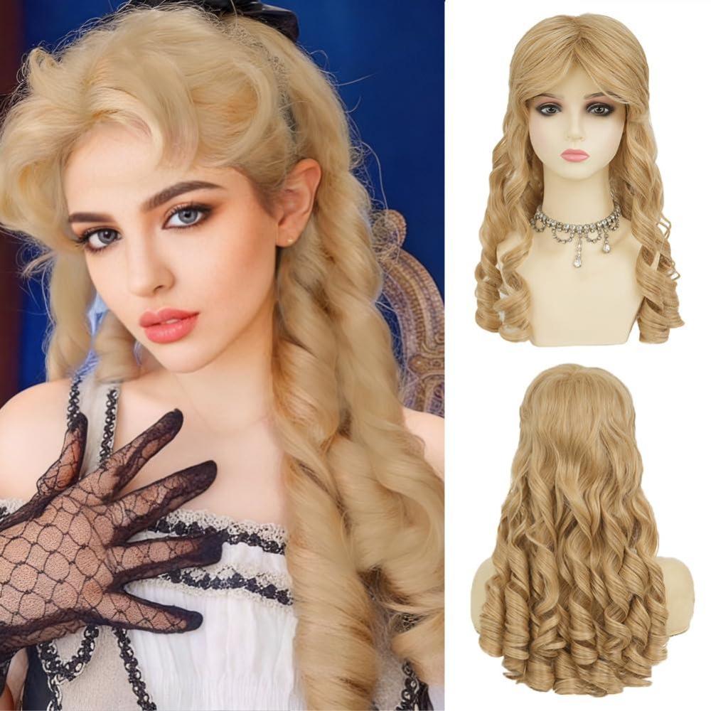 image:imageLong Blonde Roman Curly Wig with Bangs Lolita Vintage Wig Natural Looking Heat Resistant Fiber Wigs for Cosplay Halloween Party Use