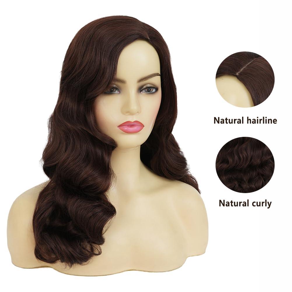 image:imageLong Black Finger Wave Wigs for Women Black Curly Wavy Wig Heat Resistant Fiber Synthetic Hair Wigs for Halloween Cosplay Daily UseBrown