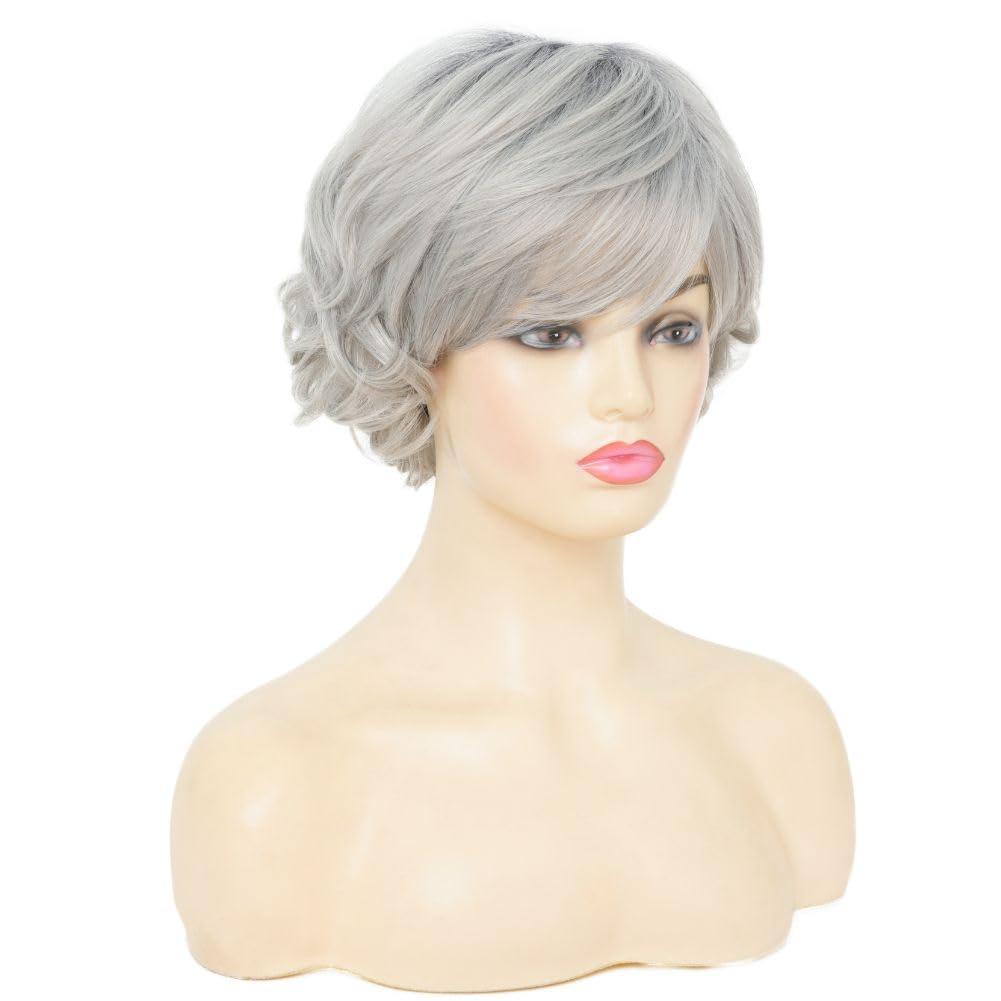 image:imageWomen Short Blonde Curly Wig Bob Wig with Bangs Shoulder Length Naturel Hair Wigs Cosplay Daily Party UseBlondeShort Gray