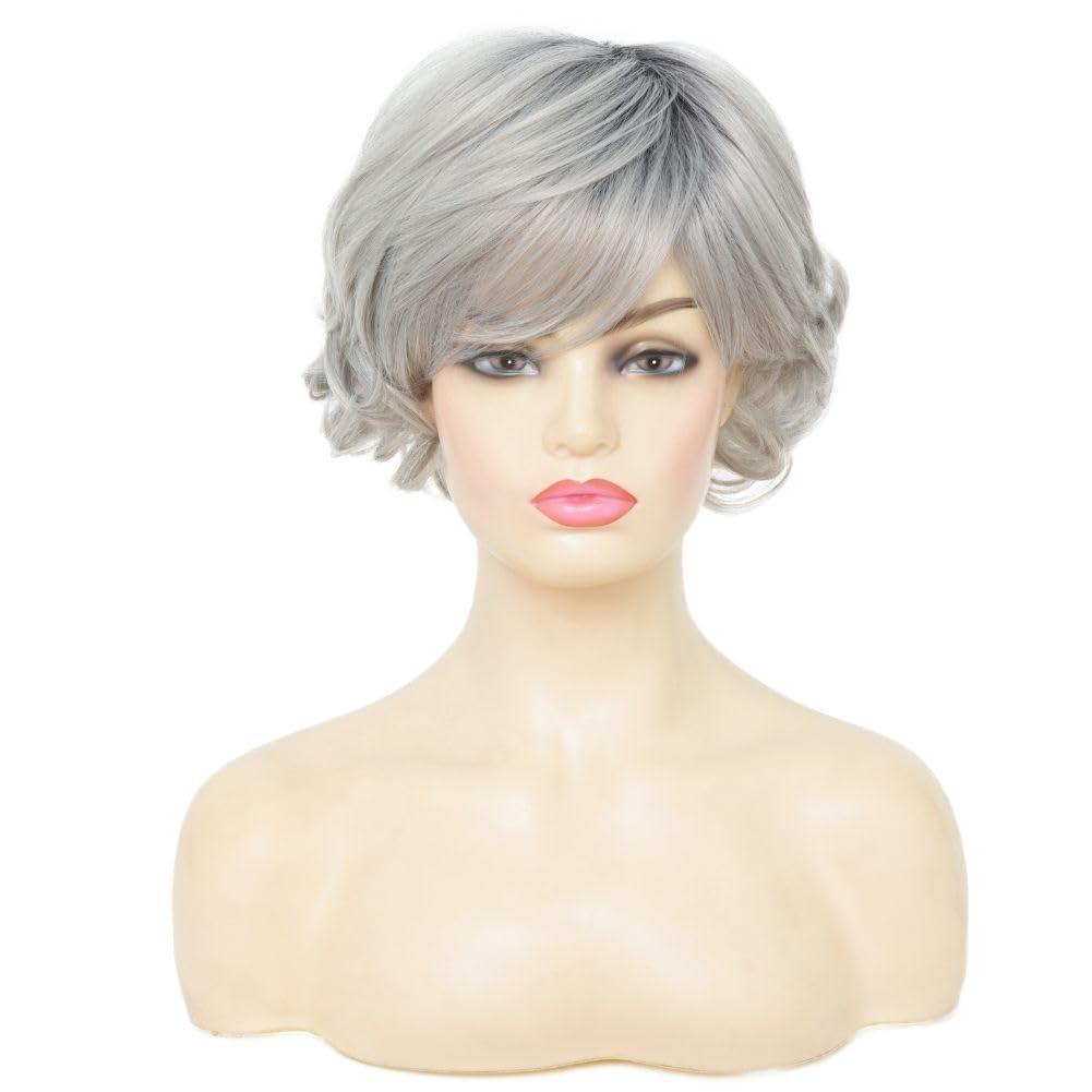 image:imageWomen Short Blonde Curly Wig Bob Wig with Bangs Shoulder Length Naturel Hair Wigs Cosplay Daily Party UseBlondeShort Gray