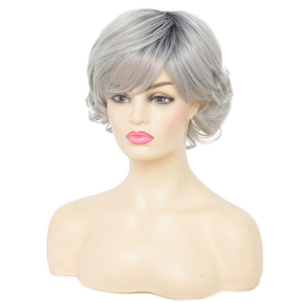 image:imageWomen Short Blonde Curly Wig Bob Wig with Bangs Shoulder Length Naturel Hair Wigs Cosplay Daily Party UseBlondeShort Gray