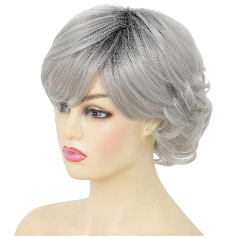 image:imageWomen Short Blonde Curly Wig Bob Wig with Bangs Shoulder Length Naturel Hair Wigs Cosplay Daily Party UseBlondeShort Gray