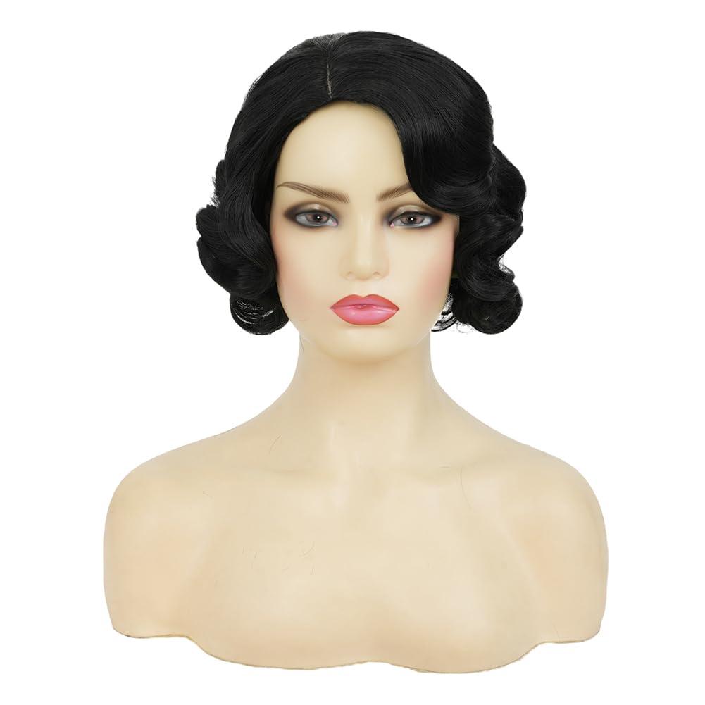 image:imageWomen Short Brown Finger Wave Wigs 1920s 30s Side Part Cosplay Wig Synthetic Heat Resistant Hair Halloween Wig for Vintage Daily Party UseBlack