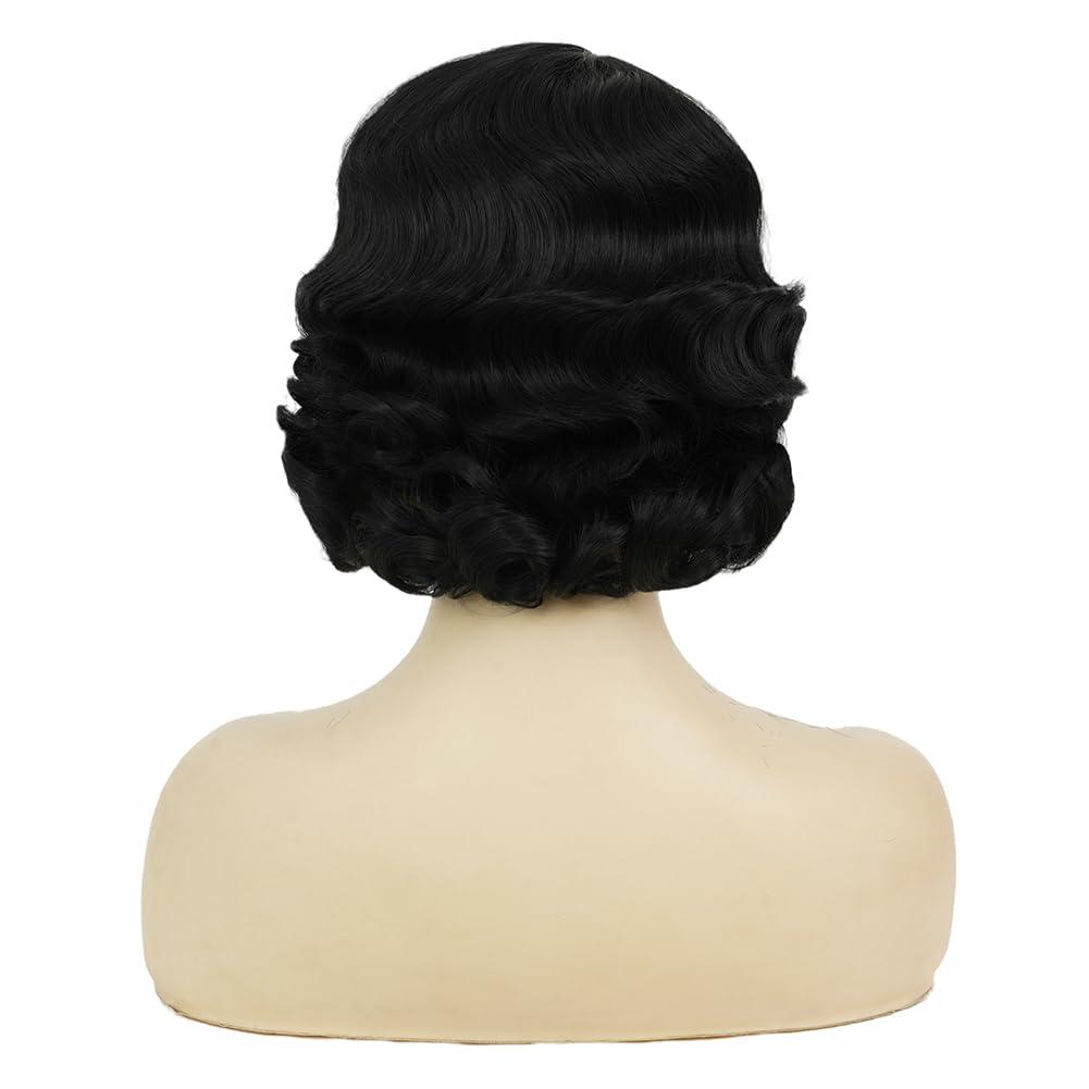 image:imageWomen Short Brown Finger Wave Wigs 1920s 30s Side Part Cosplay Wig Synthetic Heat Resistant Hair Halloween Wig for Vintage Daily Party UseBlack