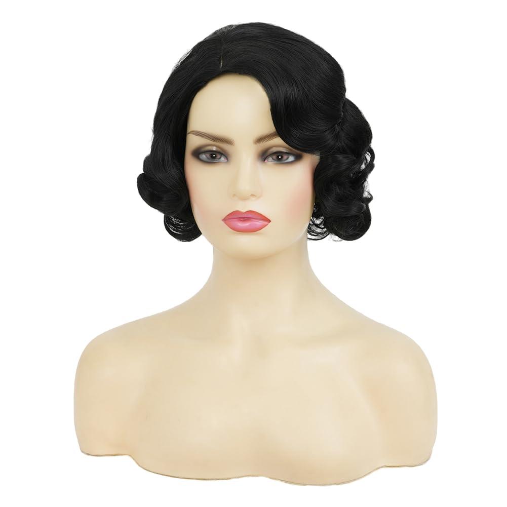 image:imageWomen Short Brown Finger Wave Wigs 1920s 30s Side Part Cosplay Wig Synthetic Heat Resistant Hair Halloween Wig for Vintage Daily Party UseBlack