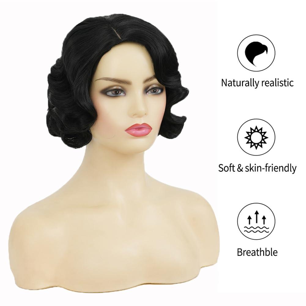 image:imageWomen Short Brown Finger Wave Wigs 1920s 30s Side Part Cosplay Wig Synthetic Heat Resistant Hair Halloween Wig for Vintage Daily Party UseBlack