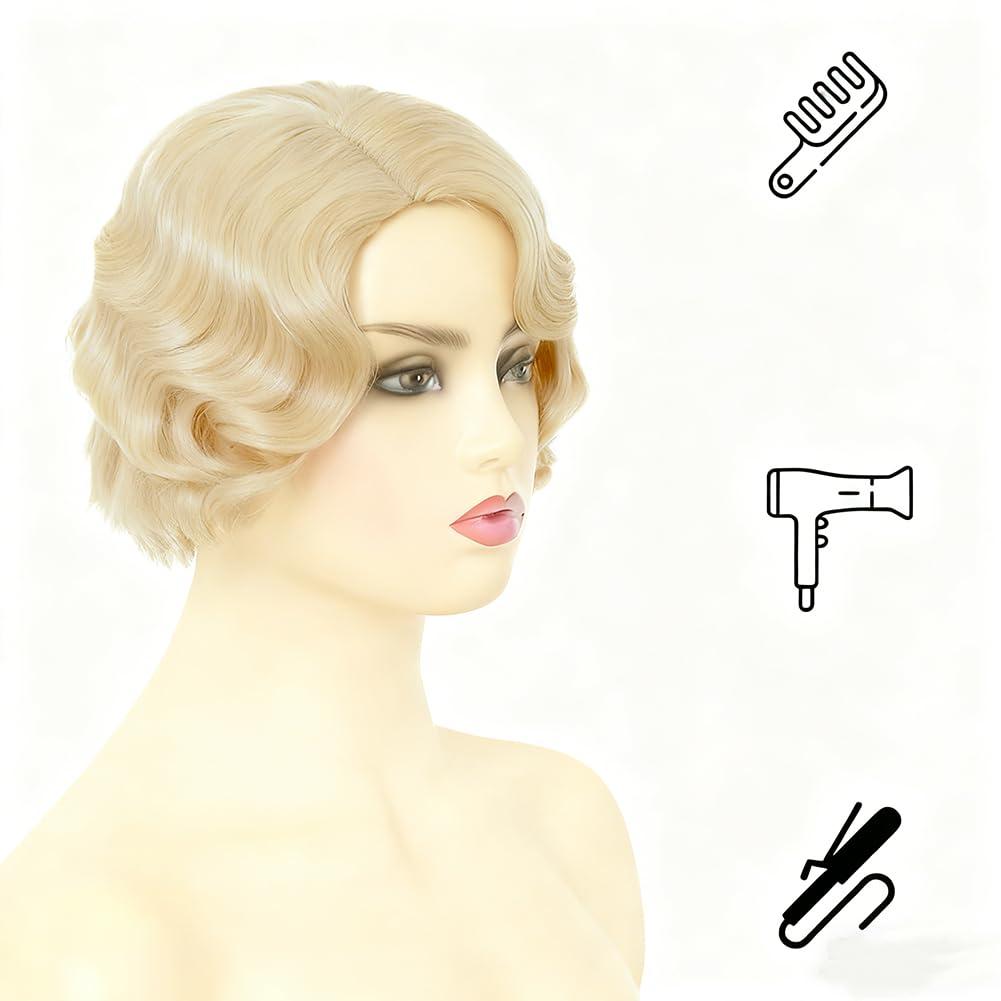 image:imageWomen Short Brown Finger Wave Wigs 1920s 30s Side Part Cosplay Wig Synthetic Heat Resistant Hair Halloween Wig for Vintage Daily Party UseBlonde