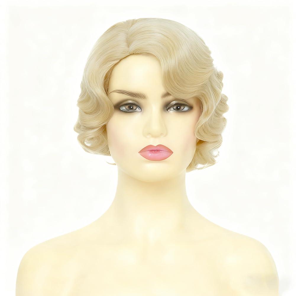 image:imageWomen Short Brown Finger Wave Wigs 1920s 30s Side Part Cosplay Wig Synthetic Heat Resistant Hair Halloween Wig for Vintage Daily Party UseBlonde