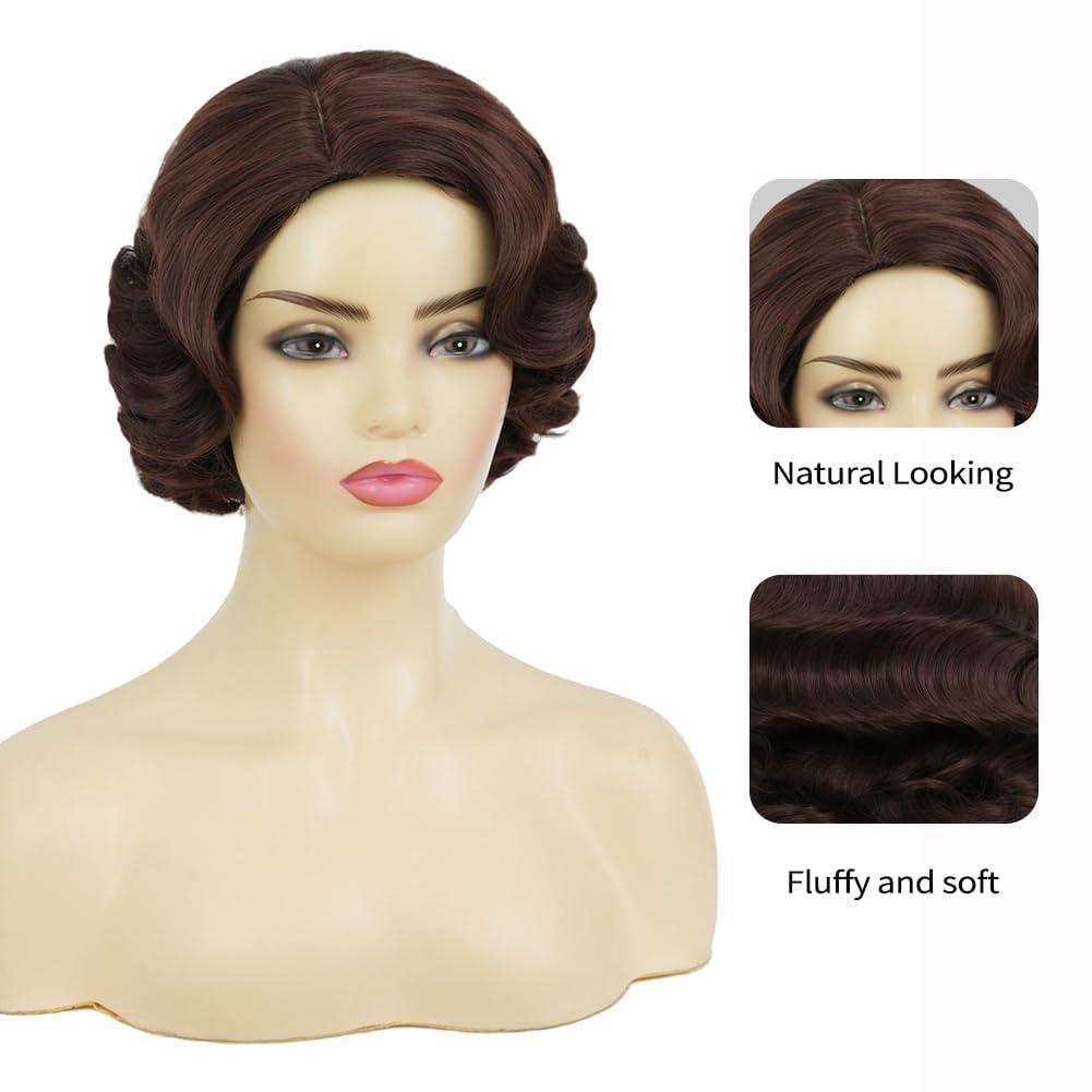 image:imageWomen Short Brown Finger Wave Wigs 1920s 30s Side Part Cosplay Wig Synthetic Heat Resistant Hair Halloween Wig for Vintage Daily Party UseBrown