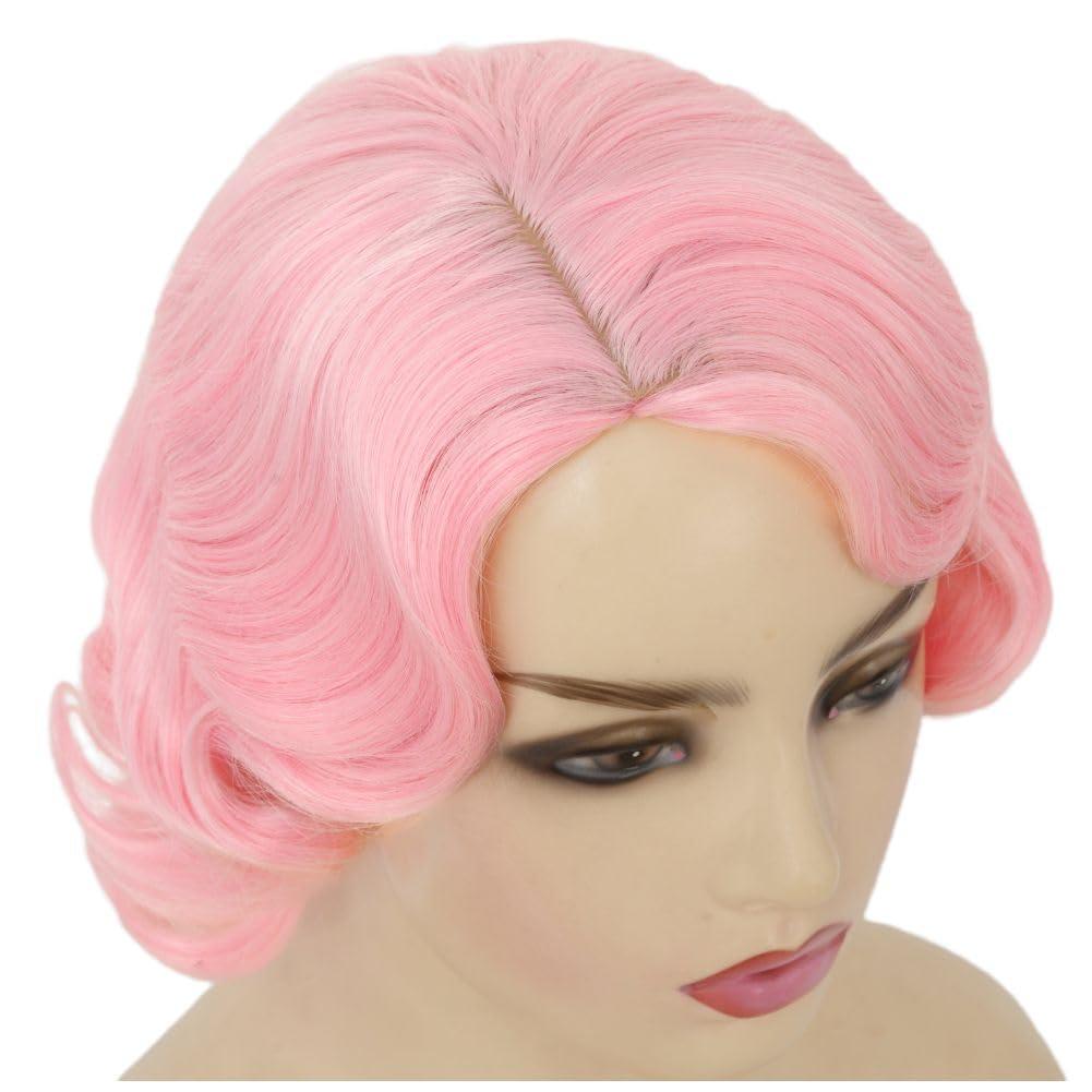 image:imageWomen Short Brown Finger Wave Wigs 1920s 30s Side Part Cosplay Wig Synthetic Heat Resistant Hair Halloween Wig for Vintage Daily Party UsePink