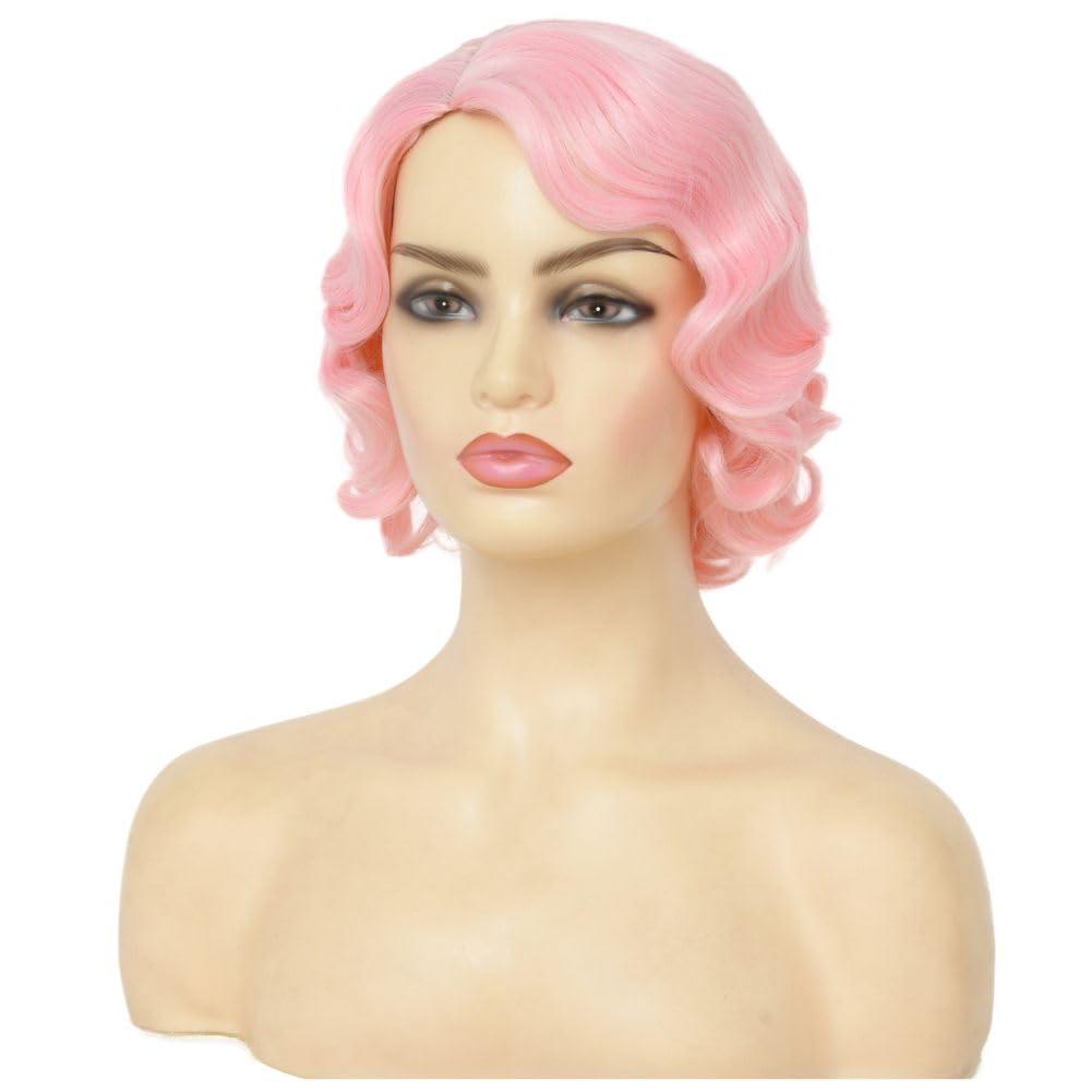image:imageWomen Short Brown Finger Wave Wigs 1920s 30s Side Part Cosplay Wig Synthetic Heat Resistant Hair Halloween Wig for Vintage Daily Party UsePink