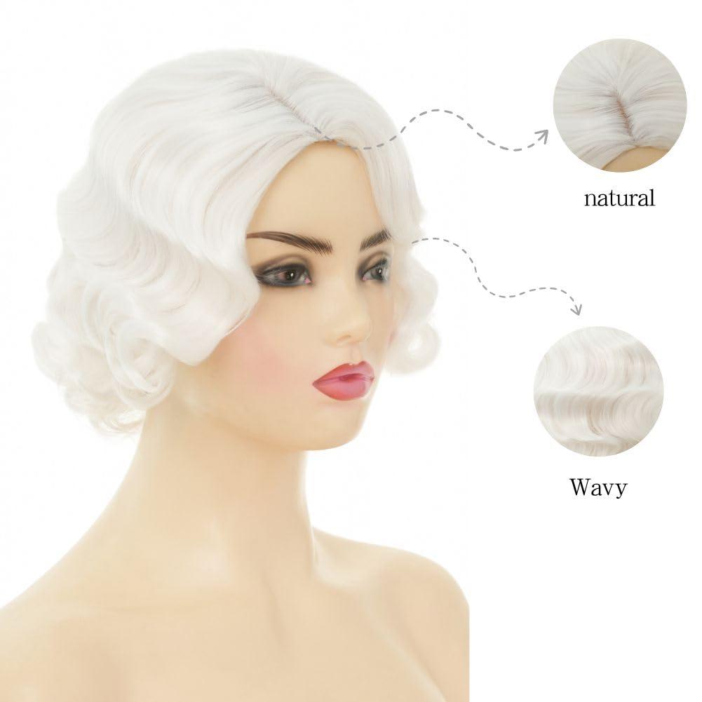 image:imageWomen Short Brown Finger Wave Wigs 1920s 30s Side Part Cosplay Wig Synthetic Heat Resistant Hair Halloween Wig for Vintage Daily Party UseWhite
