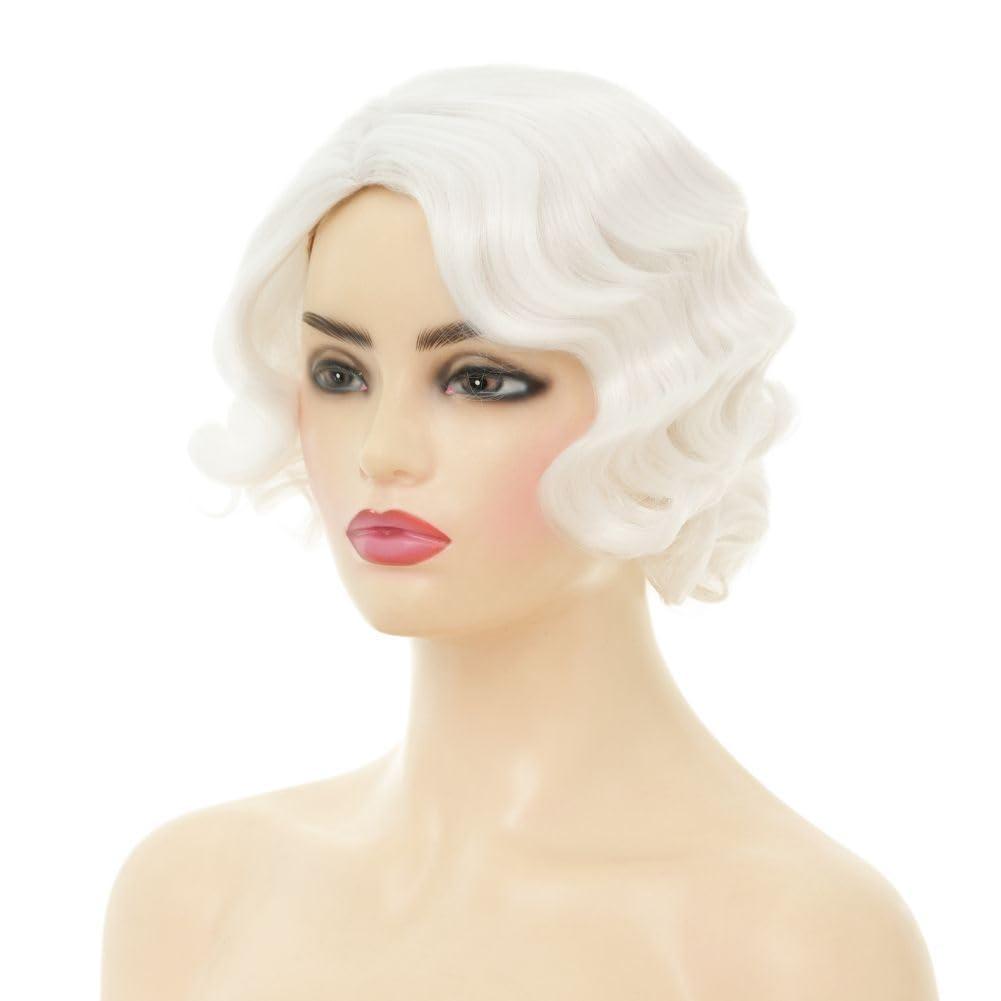 image:imageWomen Short Brown Finger Wave Wigs 1920s 30s Side Part Cosplay Wig Synthetic Heat Resistant Hair Halloween Wig for Vintage Daily Party UseWhite
