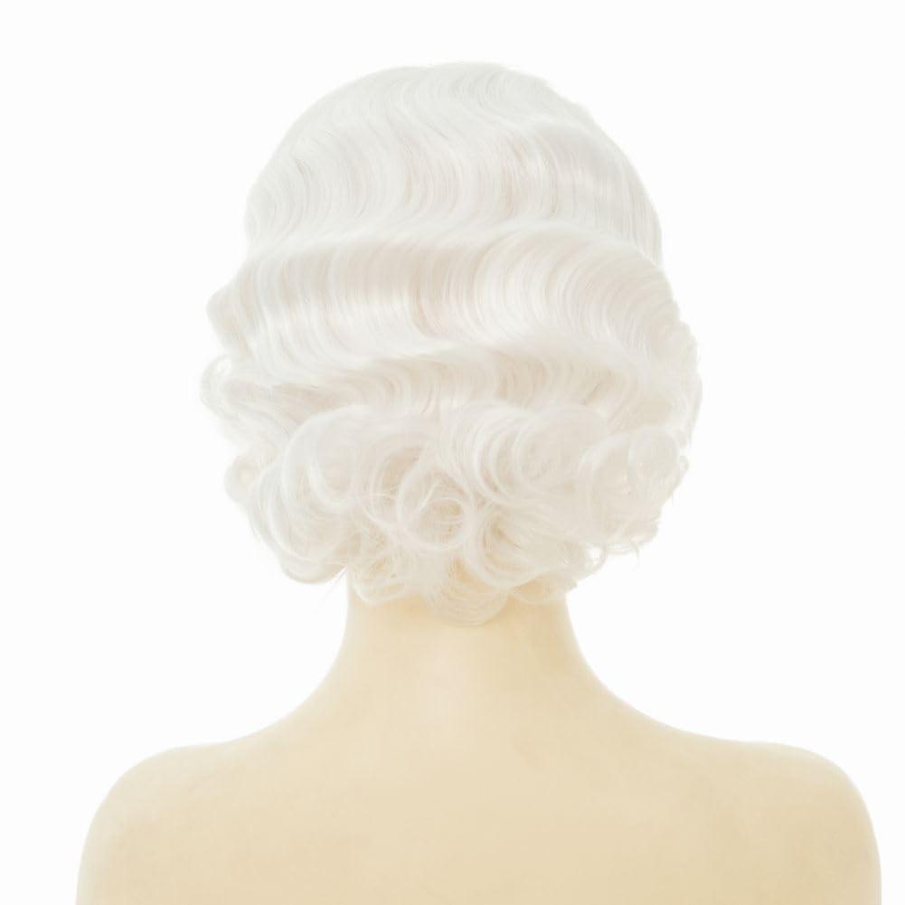 image:imageWomen Short Brown Finger Wave Wigs 1920s 30s Side Part Cosplay Wig Synthetic Heat Resistant Hair Halloween Wig for Vintage Daily Party UseWhite