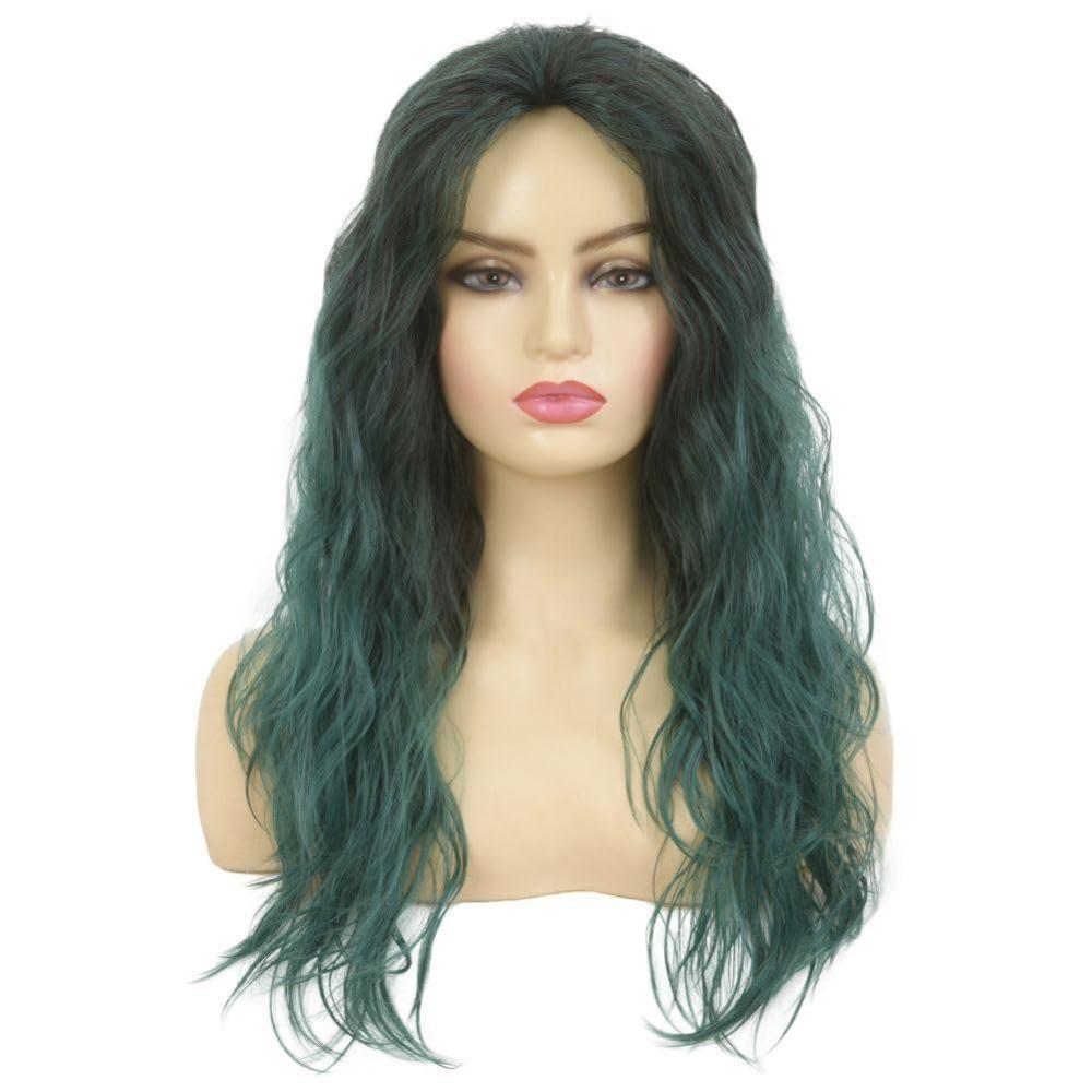 image:imageLong Black Finger Wave Wigs for Women Black Curly Wavy Wig Heat Resistant Fiber Synthetic Hair Wigs for Halloween Cosplay Daily UseBlack Green