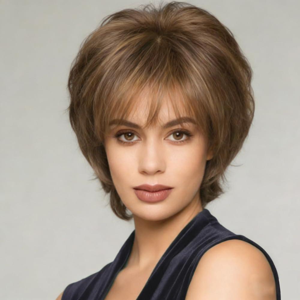 image:imageShort Brown Pixie Cut Wigs for Women with Bangs Synthetic Wigs Layered Fluffy Halloween Party Cosplay Hair Wig