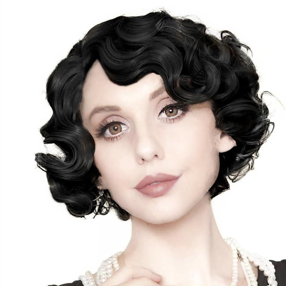image:imageWomen Short Brown Finger Wave Wigs 1920s 30s Side Part Cosplay Wig Synthetic Heat Resistant Hair Halloween Wig for Vintage Daily Party UseBlack