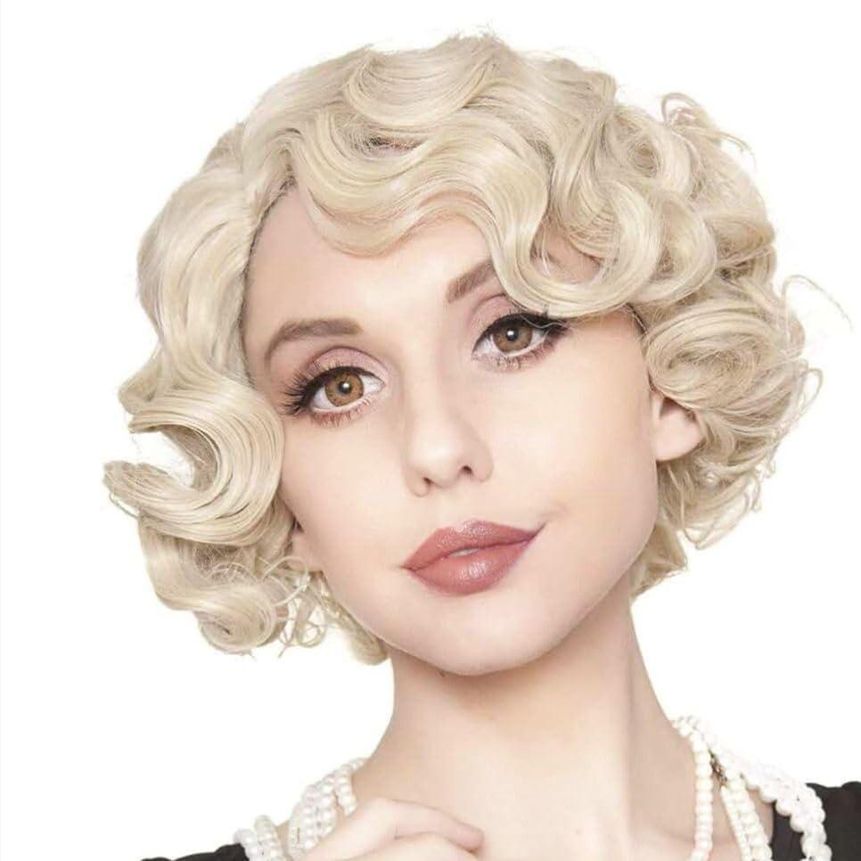 image:imageWomen Short Brown Finger Wave Wigs 1920s 30s Side Part Cosplay Wig Synthetic Heat Resistant Hair Halloween Wig for Vintage Daily Party UseBlonde
