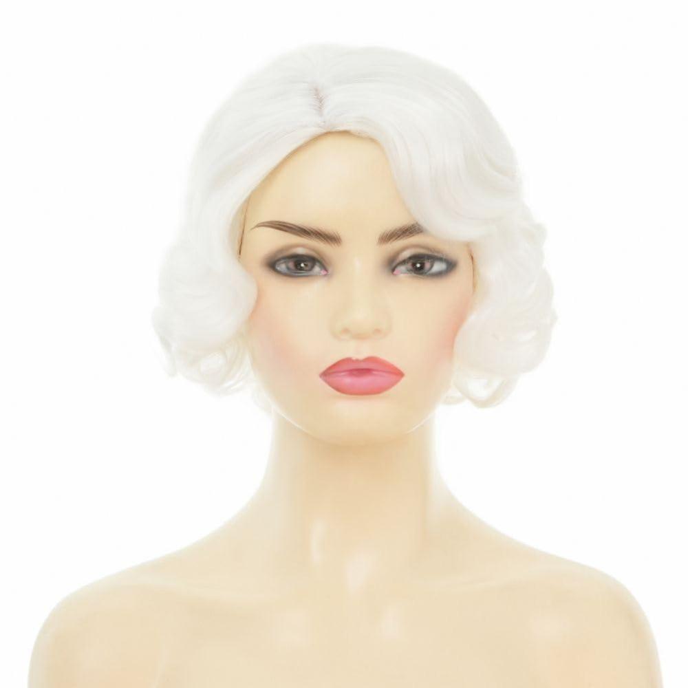 image:imageWomen Short Brown Finger Wave Wigs 1920s 30s Side Part Cosplay Wig Synthetic Heat Resistant Hair Halloween Wig for Vintage Daily Party UseWhite