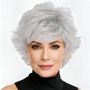 Grey Short Curly Wigs for Women with Bangs Fluffy Natural Looking Old Lady Natural Synthetic Halloween Hair Wigs Daily Party Hair Wig