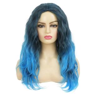 Long Black Finger Wave Wigs for Women Black Curly Wavy Wig Heat Resistant Fiber Synthetic Hair Wigs for Halloween Cosplay Daily Use(Black Blue)