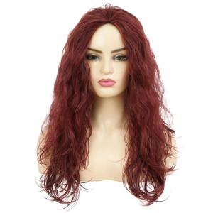 Long Black Finger Wave Wigs for Women Black Curly Wavy Wig Heat Resistant Fiber Synthetic Hair Wigs for Halloween Cosplay Daily Use(Wine Red)