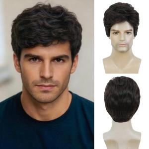 Short Brown Mens Wig Natural Layered Costume Fluffy Synthetic Hair Male Wigs Daily and Halloween Wig