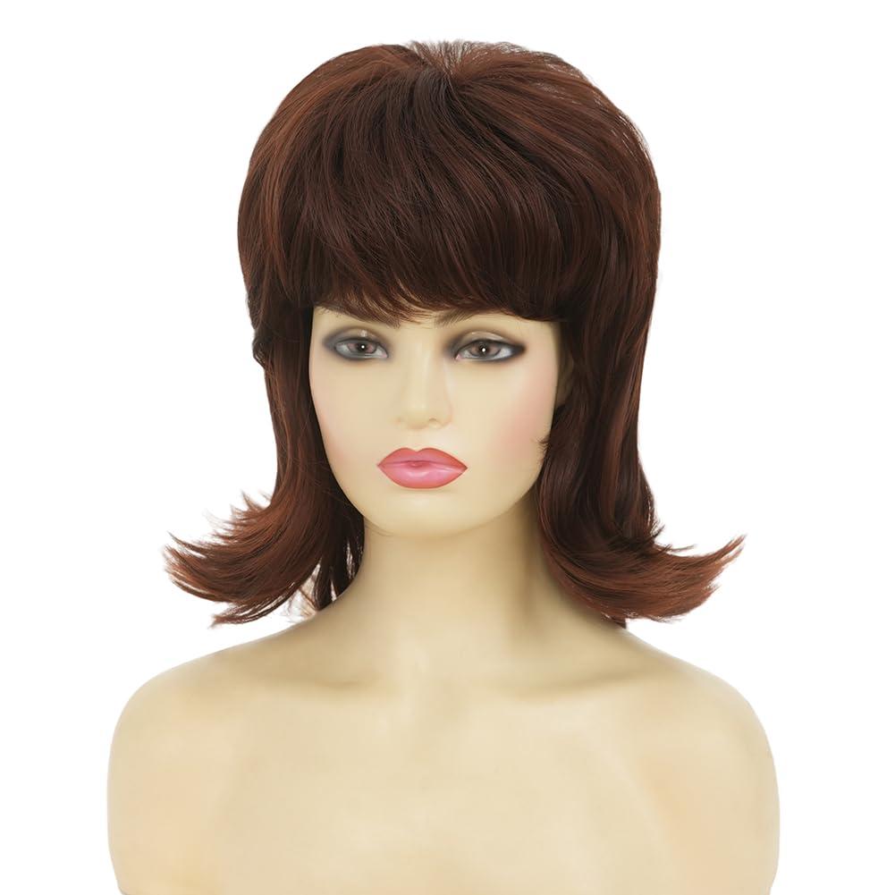 image:imageRetro Red Short Wig 50s 60s Wig for Women Bouffant Beehive Wigs with Bangs Synthetic Wigs for Halloween Costume Party UseDark Brown