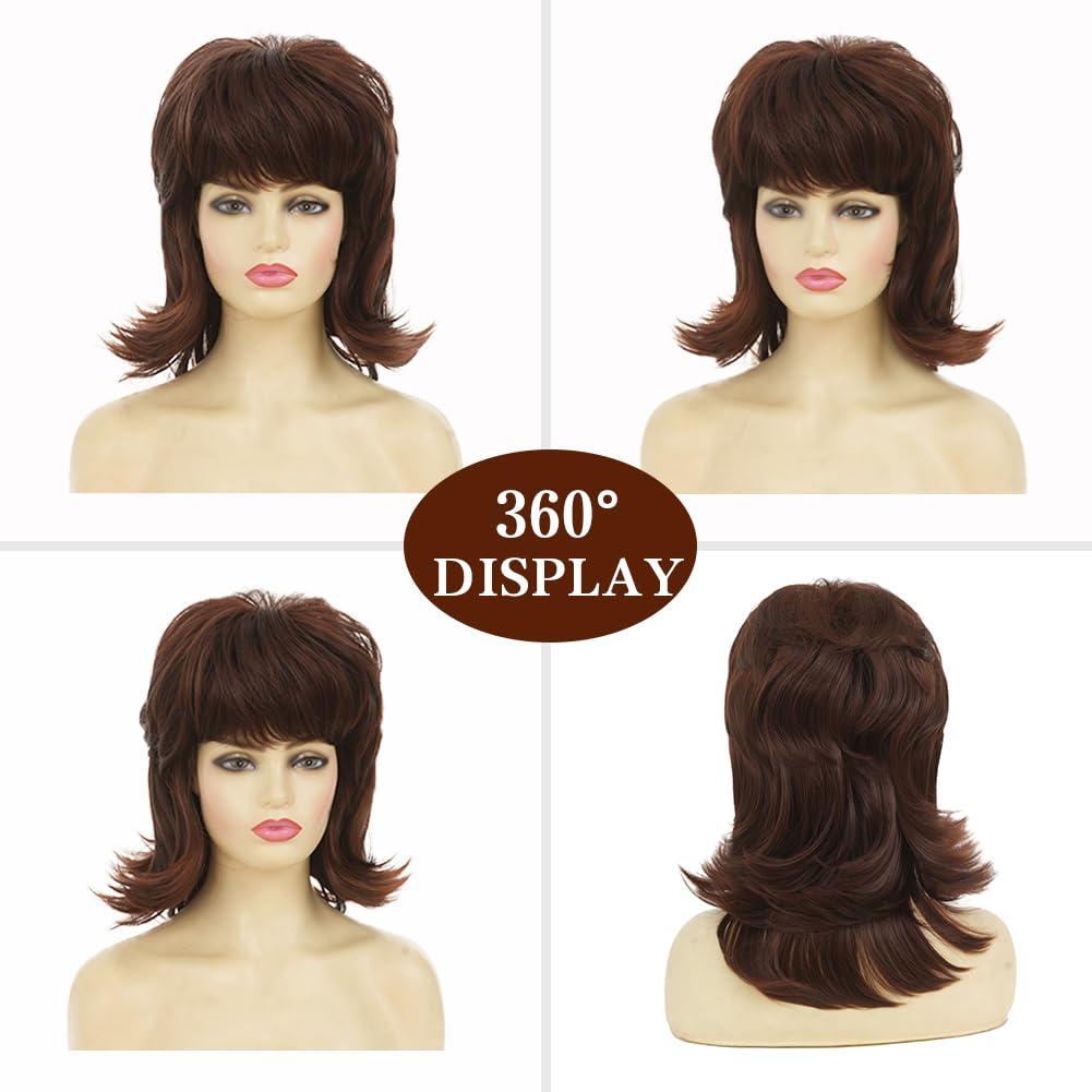 image:imageRetro Red Short Wig 50s 60s Wig for Women Bouffant Beehive Wigs with Bangs Synthetic Wigs for Halloween Costume Party UseDark Brown