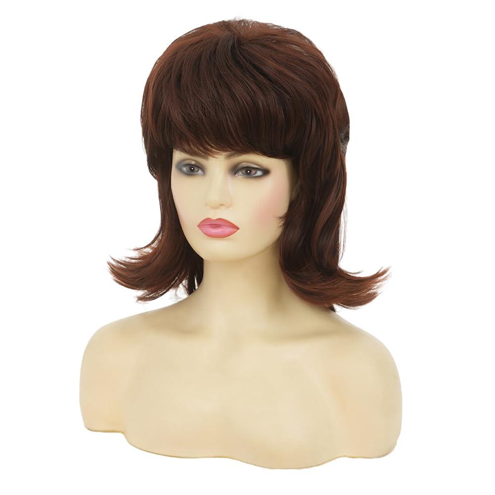 image:imageRetro Red Short Wig 50s 60s Wig for Women Bouffant Beehive Wigs with Bangs Synthetic Wigs for Halloween Costume Party UseDark Brown