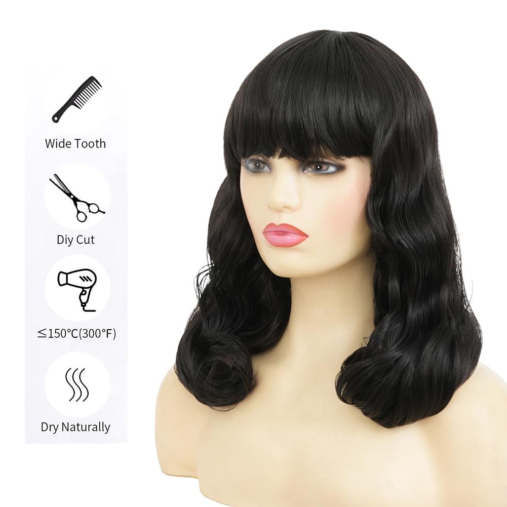 image:imageRetro Red Short Wig 50s 60s Wig for Women Bouffant Beehive Wigs with Bangs Synthetic Wigs for Halloween Costume Party UseFinger Black