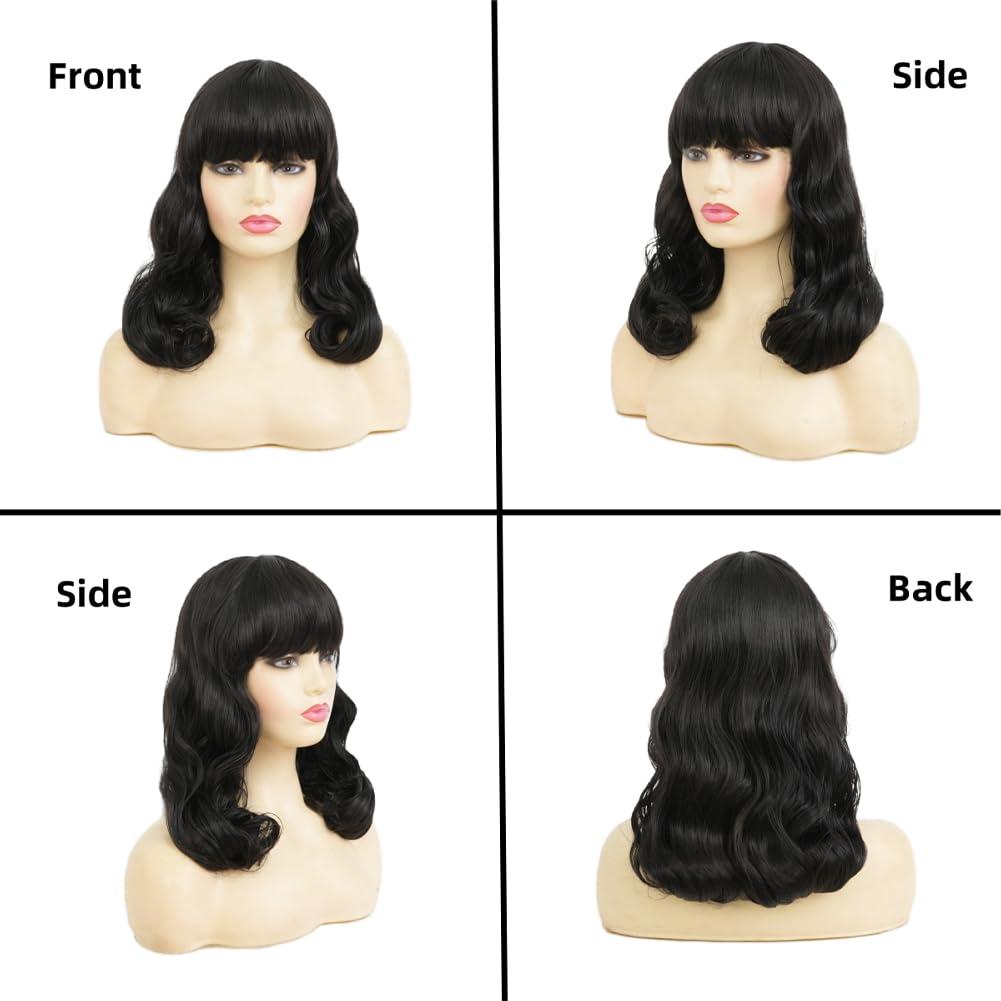 image:imageRetro Red Short Wig 50s 60s Wig for Women Bouffant Beehive Wigs with Bangs Synthetic Wigs for Halloween Costume Party UseFinger Black