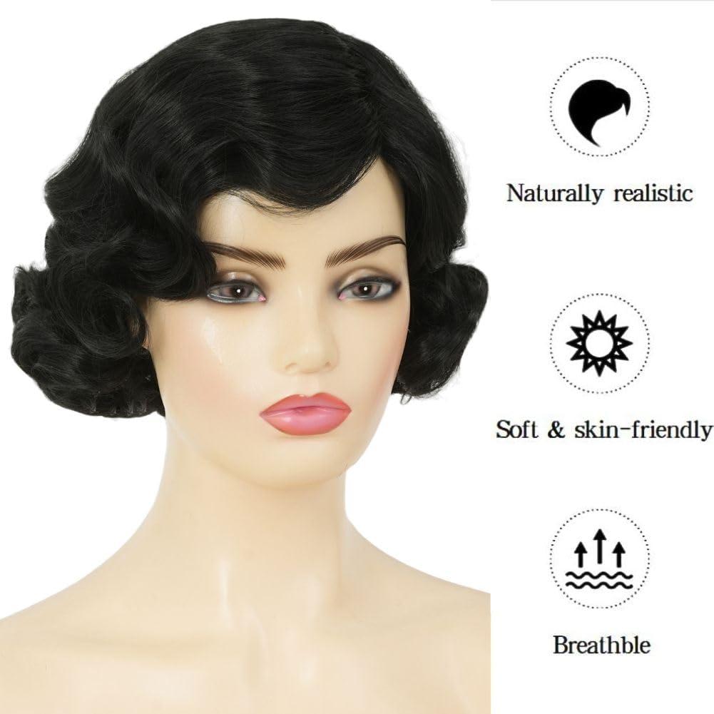 image:imageShort Black 1920s Wig for Women Finger Wave Curly Synthetic Flapper Wig Halloween Cosplay Costume Vintage Party Use