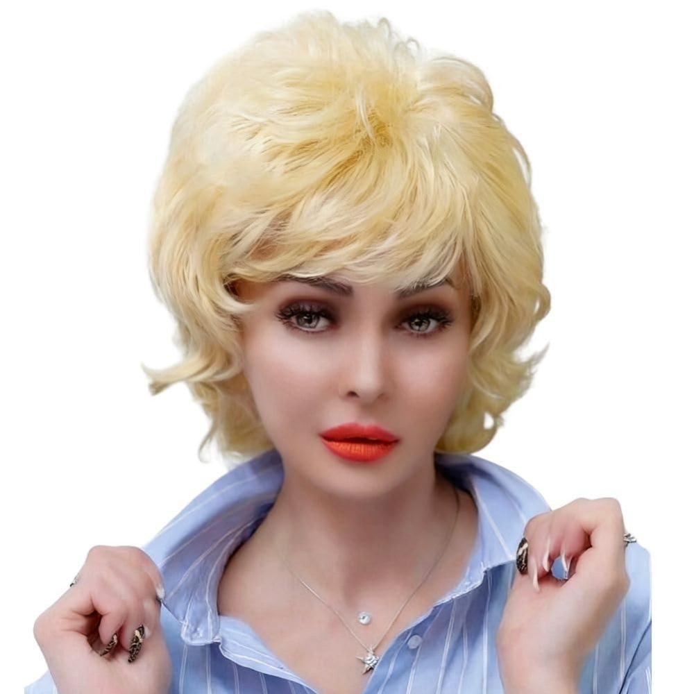 image:imageBlond Short Curly Wigs for Women Fluffy Layered Hair Wig with Bangs Synthetic Fiber Wig for Daily Party Cosplay Halloween UseShort Blond