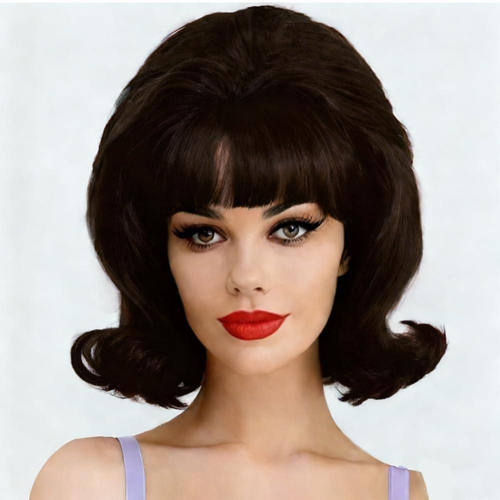 image:imageRetro Red Short Wig 50s 60s Wig for Women Bouffant Beehive Wigs with Bangs Synthetic Wigs for Halloween Costume Party UseNatural Brown
