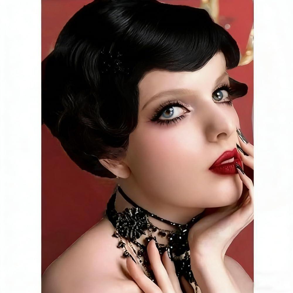image:imageShort Black 1920s Wig for Women Finger Wave Curly Synthetic Flapper Wig Halloween Cosplay Costume Vintage Party Use