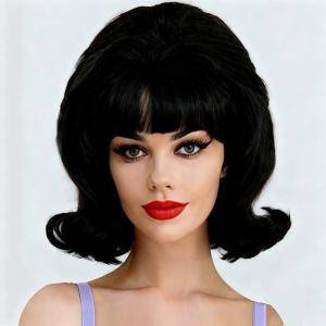 Retro Red Short Wig 50s 60s Wig for Women Bouffant Beehive Wigs with Bangs Synthetic Wigs for Halloween Costume Party Use(Natural Black)