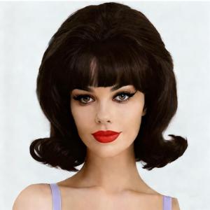 Retro Red Short Wig 50s 60s Wig for Women Bouffant Beehive Wigs with Bangs Synthetic Wigs for Halloween Costume Party Use(Natural Brown)
