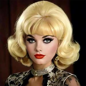 Retro Red Short Wig 50s 60s Wig for Women Bouffant Beehive Wigs with Bangs Synthetic Wigs for Halloween Costume Party Use(Short Blonde)