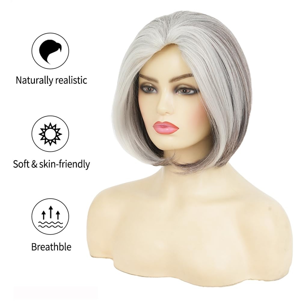 image:imageTseses Women Grey Mixed White Wig Short Salt and Pepper Straight Bob Hair Wigs Natural Hairline Synthetic Wig for WomenStraight Grey