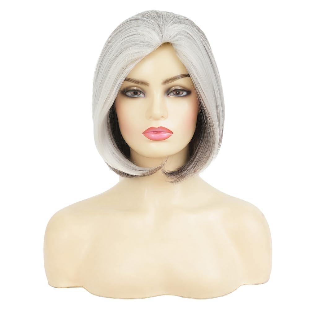 image:imageTseses Women Grey Mixed White Wig Short Salt and Pepper Straight Bob Hair Wigs Natural Hairline Synthetic Wig for WomenStraight Grey