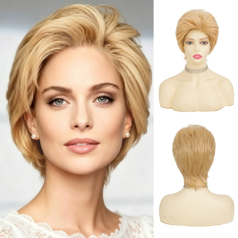 image:imageTseses Women Grey Mixed White Wig Short Salt and Pepper Straight Bob Hair Wigs Natural Hairline Synthetic Wig for WomenStraight Blonde