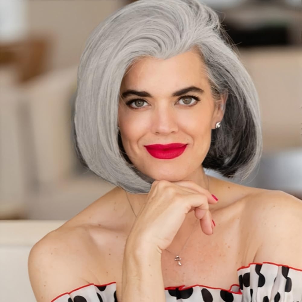 image:imageTseses Women Grey Mixed White Wig Short Salt and Pepper Straight Bob Hair Wigs Natural Hairline Synthetic Wig for WomenStraight Grey